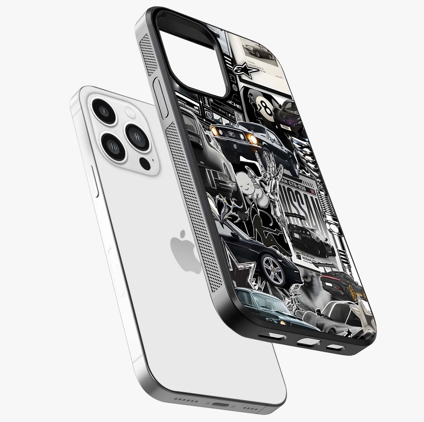 Aesthetic Dark Love Glass Case laid diagonally highlighting side profile, edges and glossy glass shine.