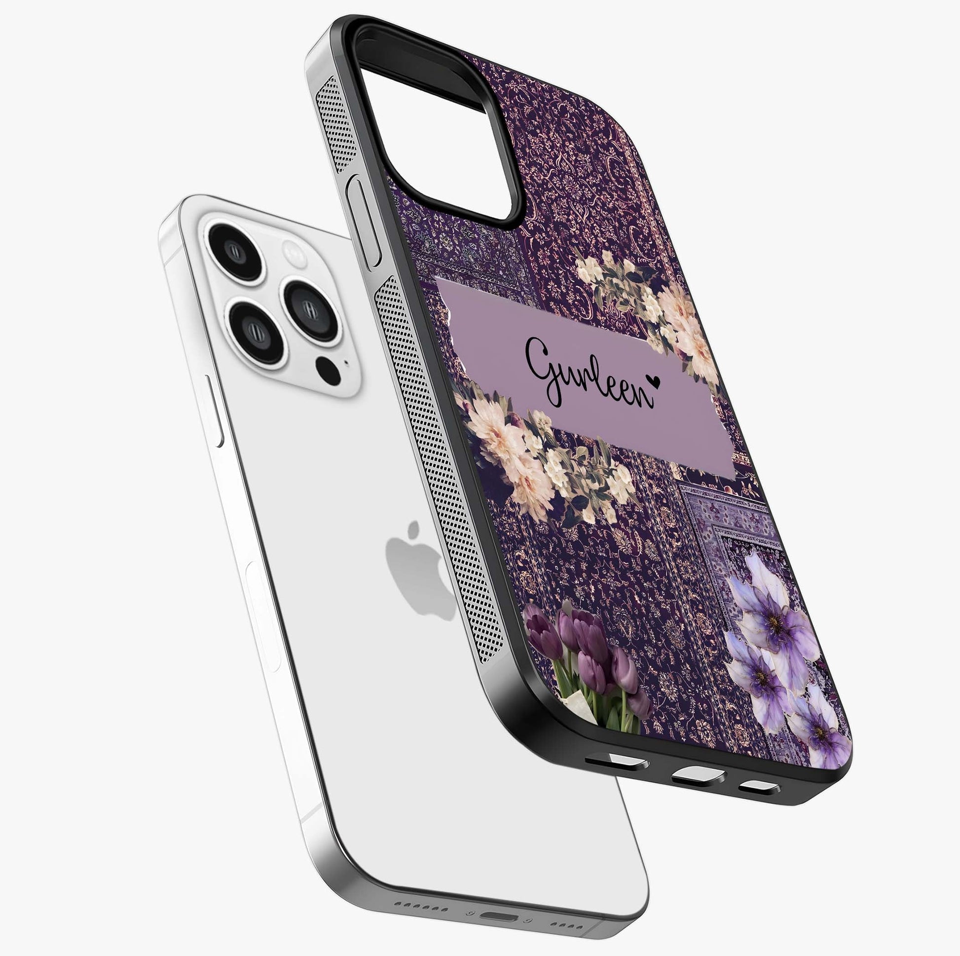 Antique Floral Whisper Custom Name Glass Case laid diagonally highlighting side profile, edges and glossy glass shine.