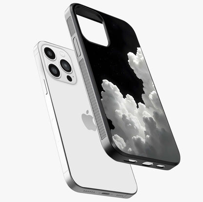 Black Background With White Cloud Glass Case laid diagonally highlighting side profile, edges and glossy glass shine.