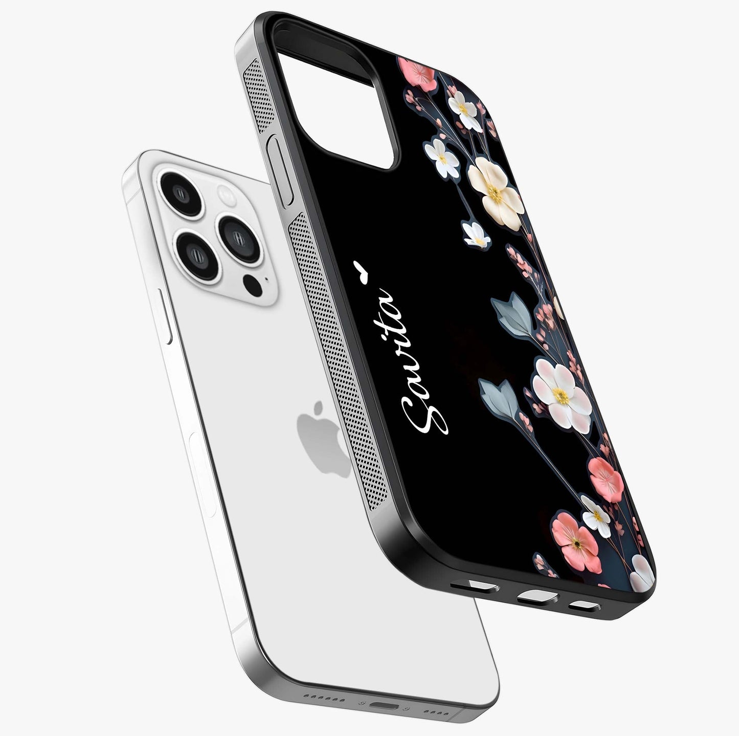 Black Elegance Floral Custom Name Glass Case laid diagonally highlighting side profile, edges and glossy glass shine.