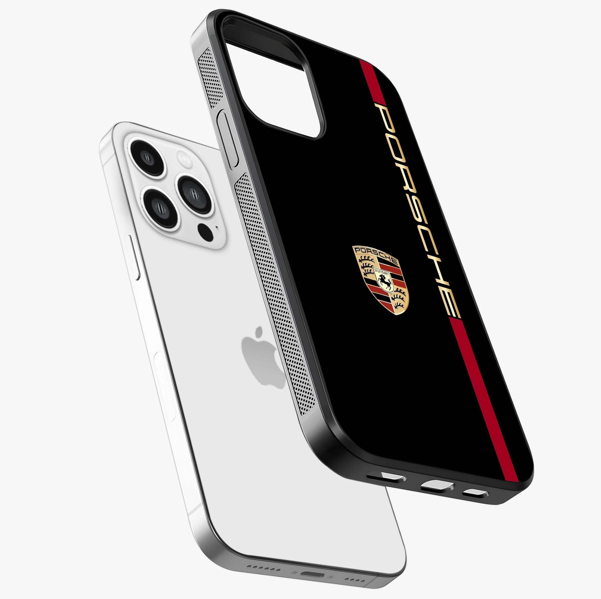 Black Minimal Porsche Glass Case laid diagonally highlighting side profile, edges and glossy glass shine.