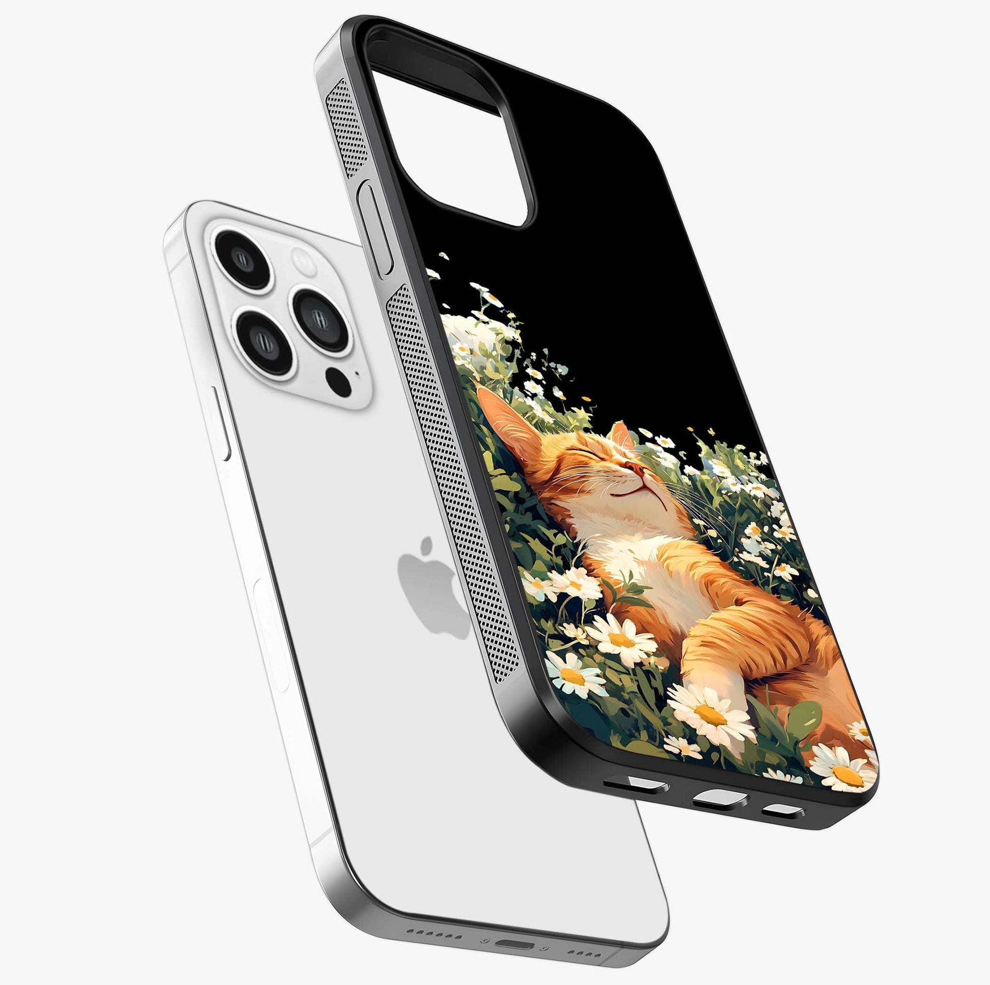 Blissful Bloom Cat Glass Case laid diagonally highlighting side profile, edges and glossy glass shine.