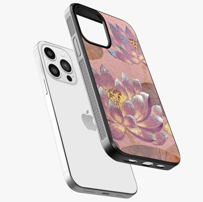 Blossom Mist Lotus Glass Case laid diagonally highlighting side profile, edges and glossy glass shine.