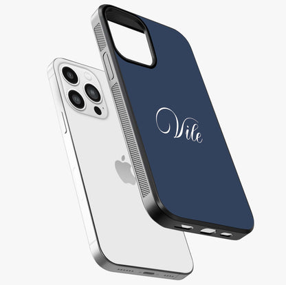 Blue Background Personalized Custom Name Glass Case laid diagonally highlighting side profile, edges and glossy glass shine.