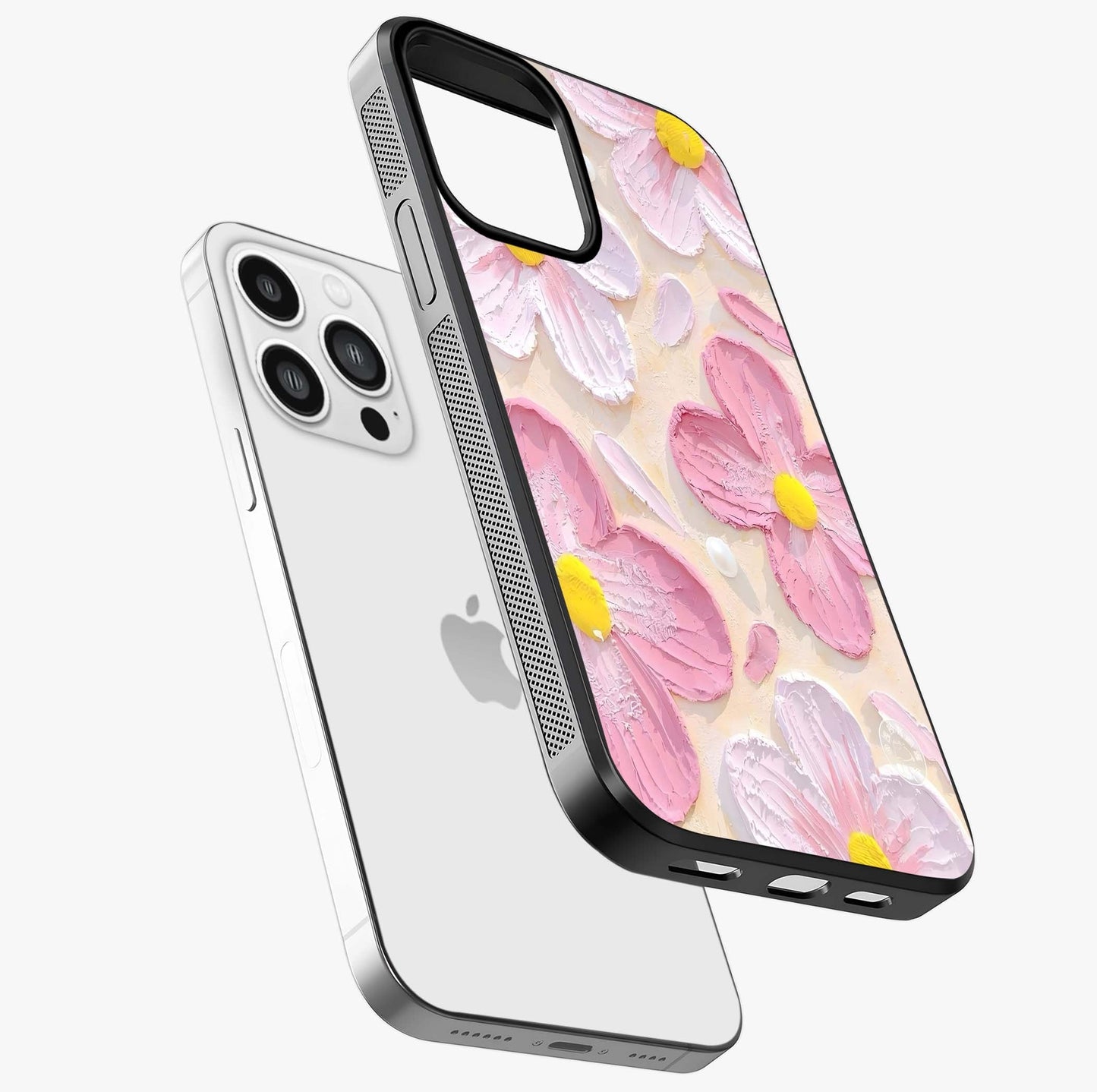 Blush Bloom Texture Glass Case laid diagonally highlighting side profile, edges and glossy glass shine.