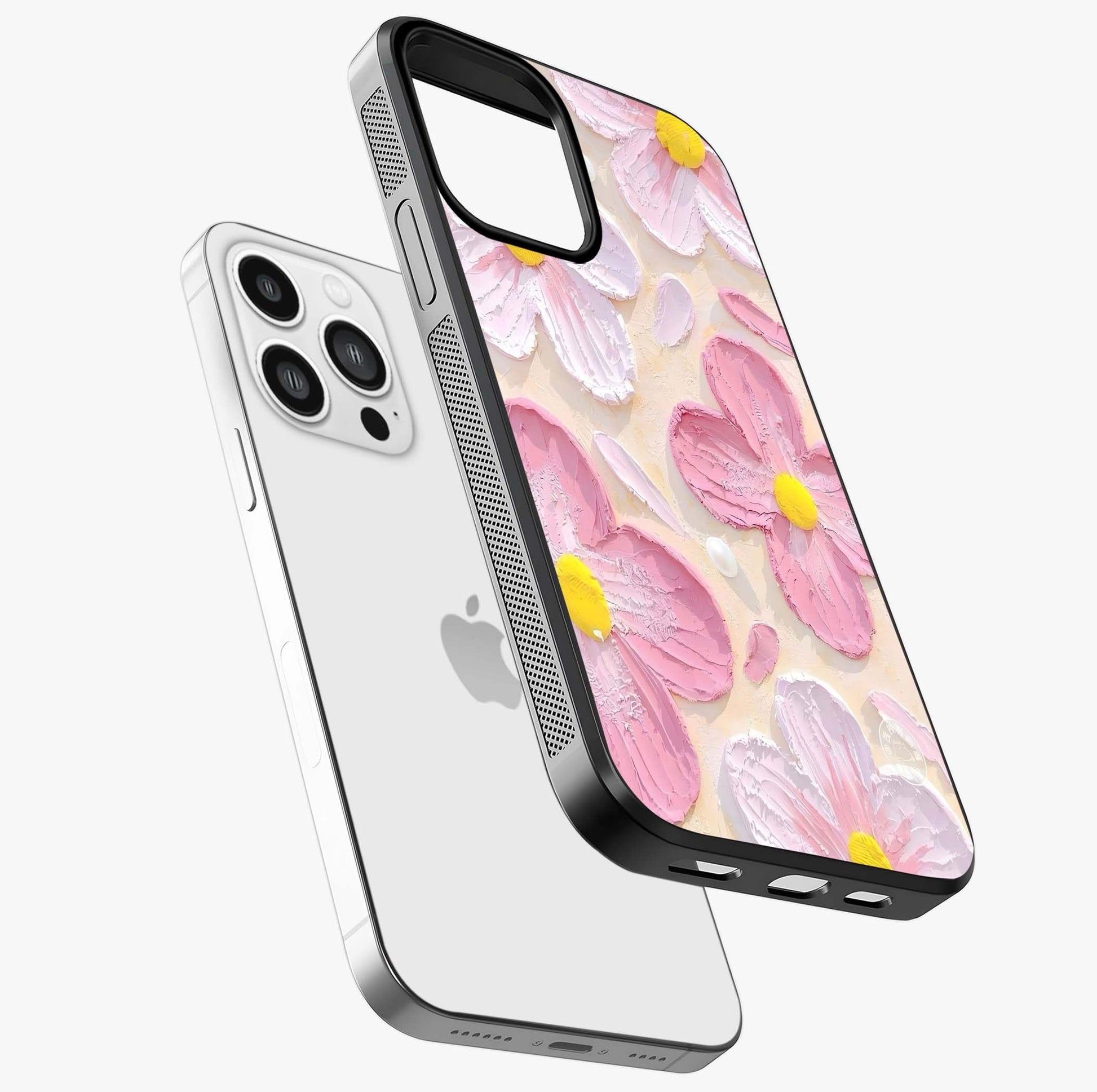 Blush Bloom Texture Glass Case laid diagonally highlighting side profile, edges and glossy glass shine.