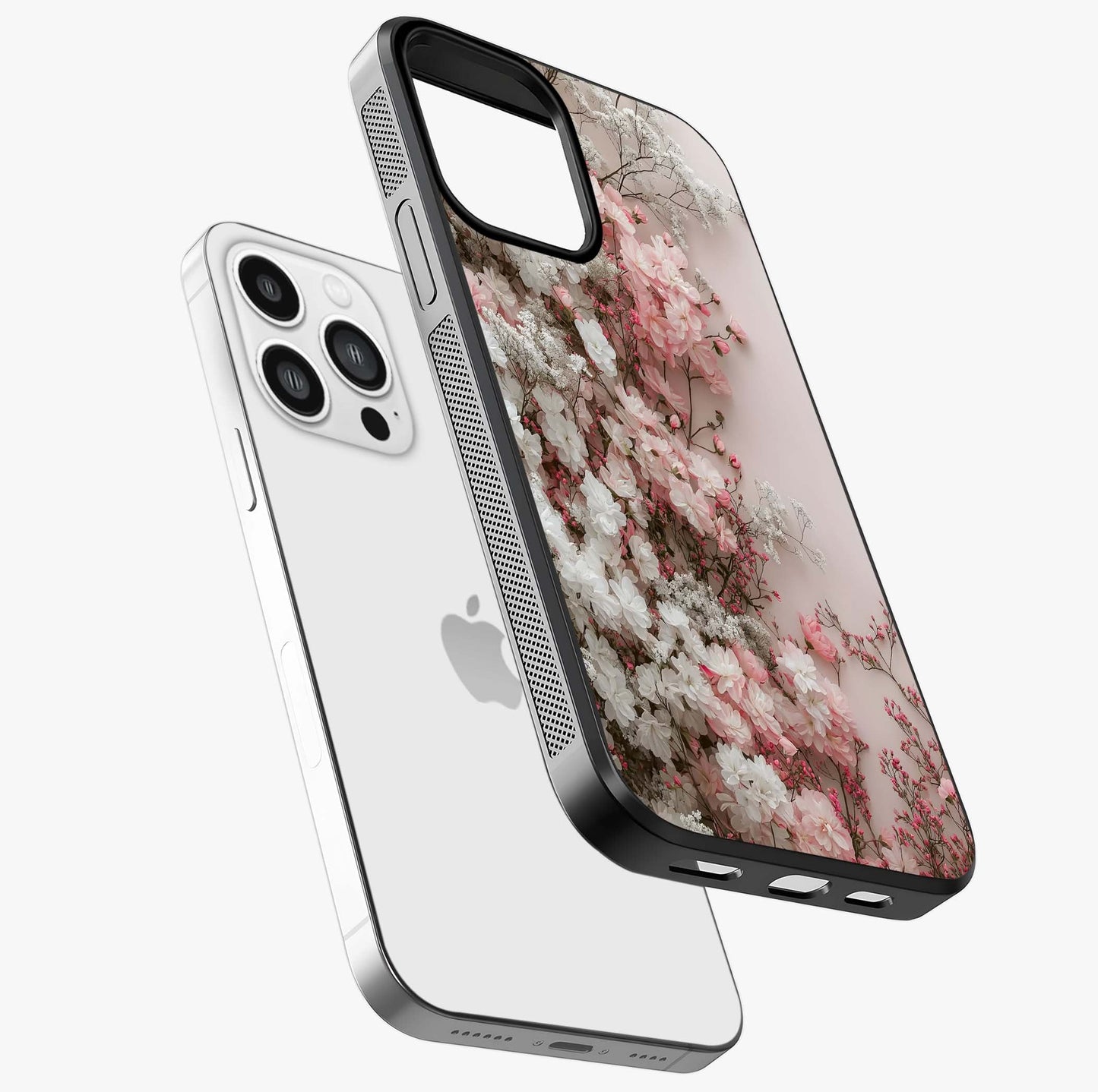 Blush Blossom Cloud Glass Case laid diagonally highlighting side profile, edges and glossy glass shine.