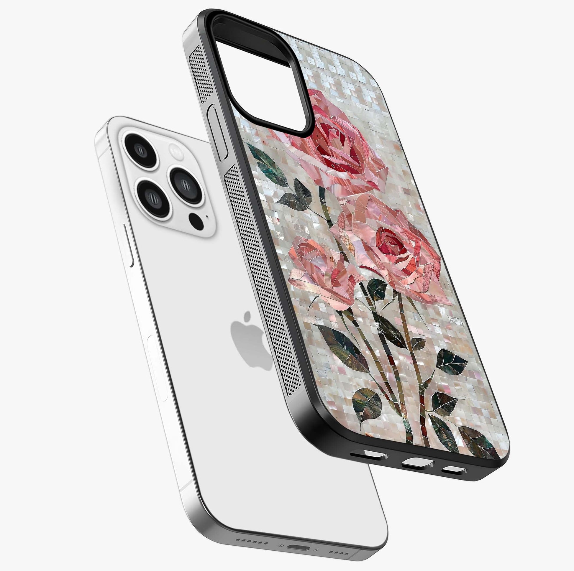 Blush Mosaic Bloom Glass Case laid diagonally highlighting side profile, edges and glossy glass shine.