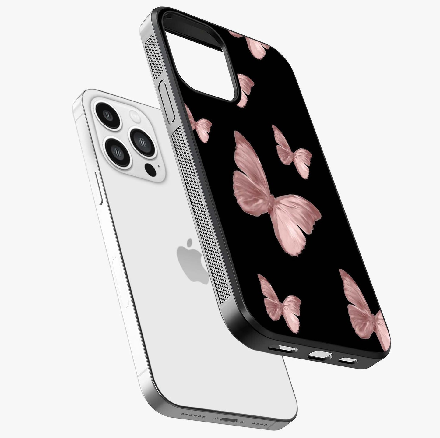 Butterfly Pattern Glass Case laid diagonally highlighting side profile, edges and glossy glass shine.
