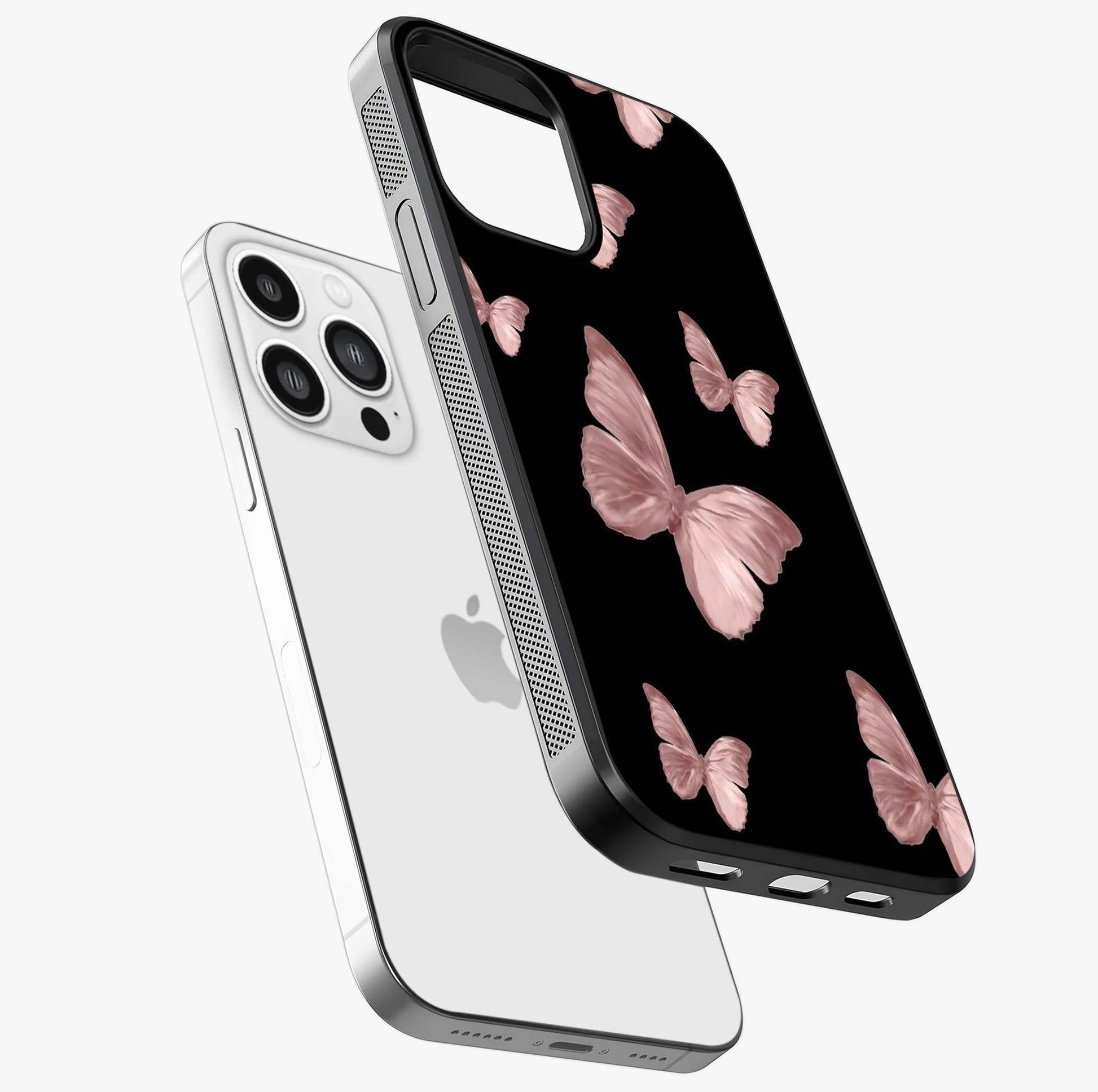 Butterfly Pattern Glass Case laid diagonally highlighting side profile, edges and glossy glass shine.
