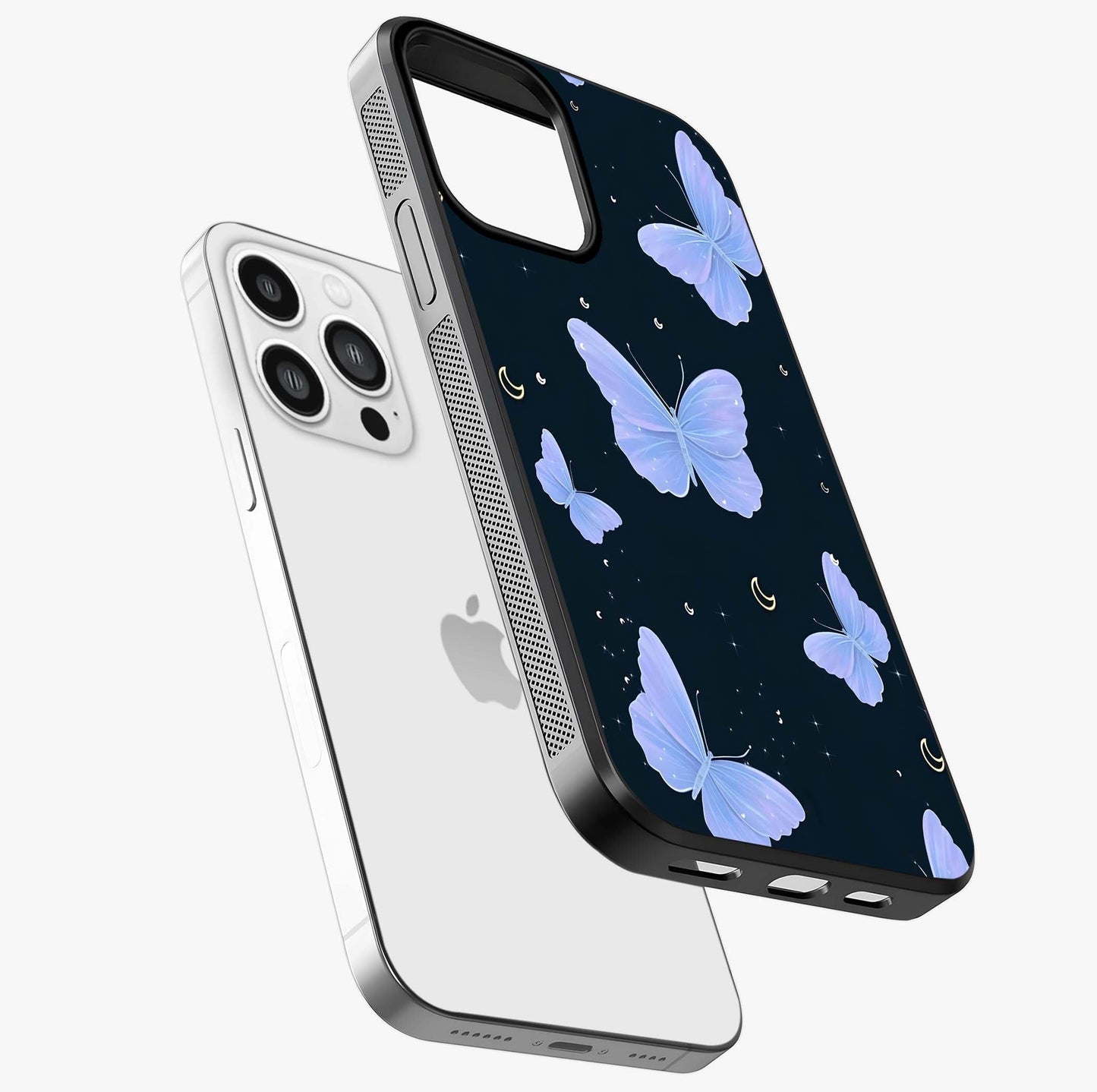 Butterfly With Stars Pattern Glass Case laid diagonally highlighting side profile, edges and glossy glass shine.