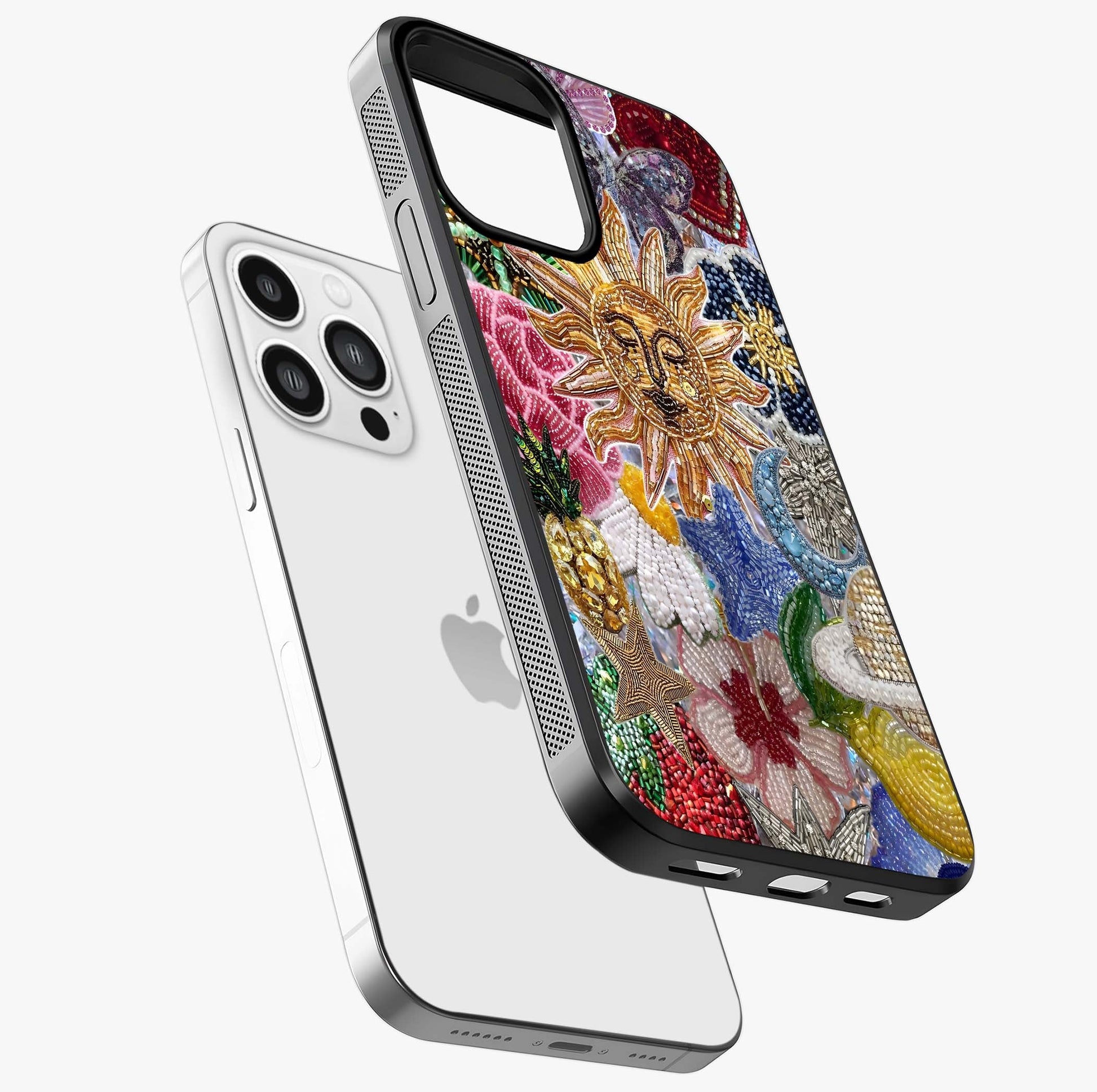 Celestial Floral And Playful Glass Case laid diagonally highlighting side profile, edges and glossy glass shine.