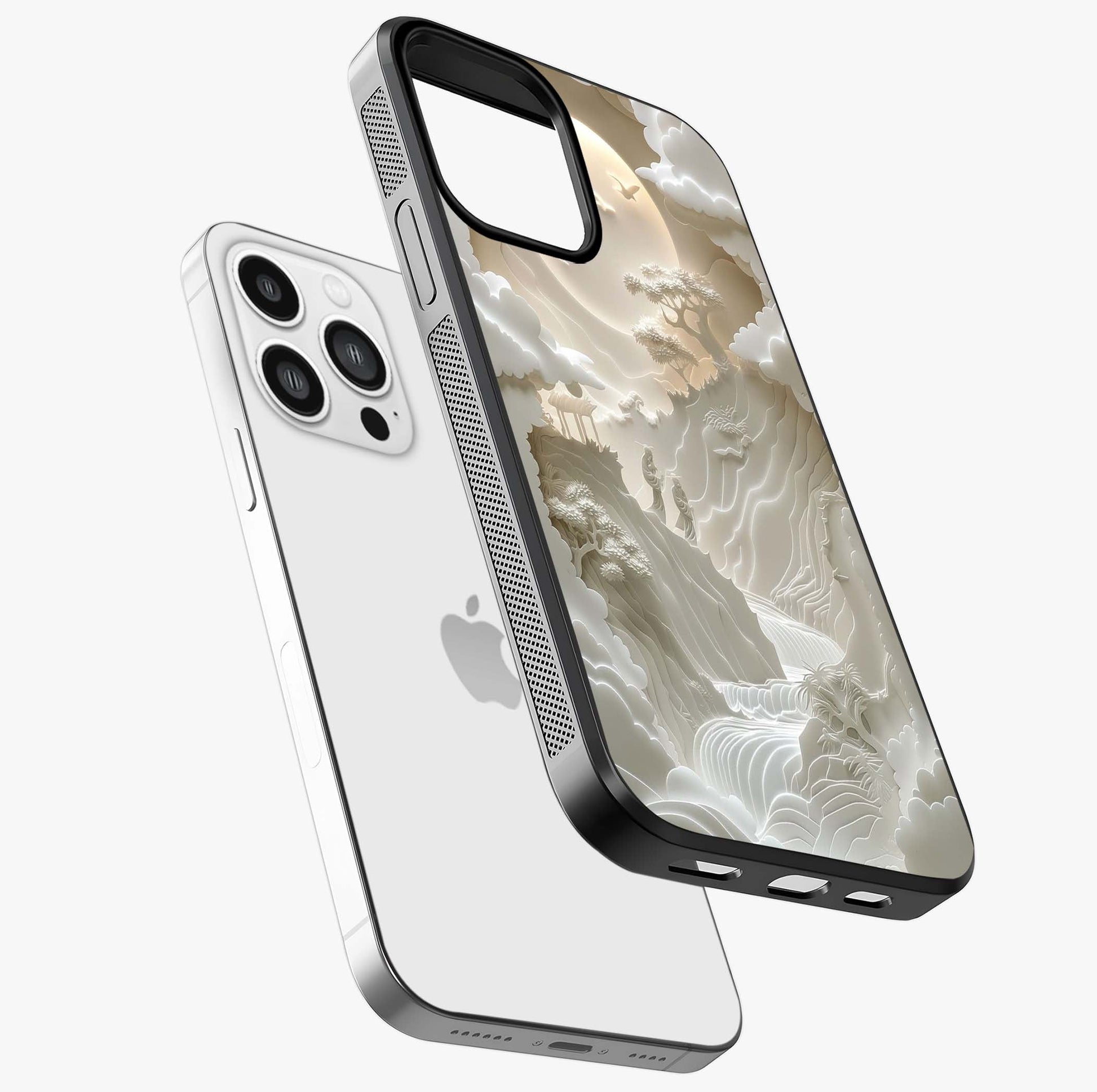 Celestial Origami Glass Case laid diagonally highlighting side profile, edges and glossy glass shine.