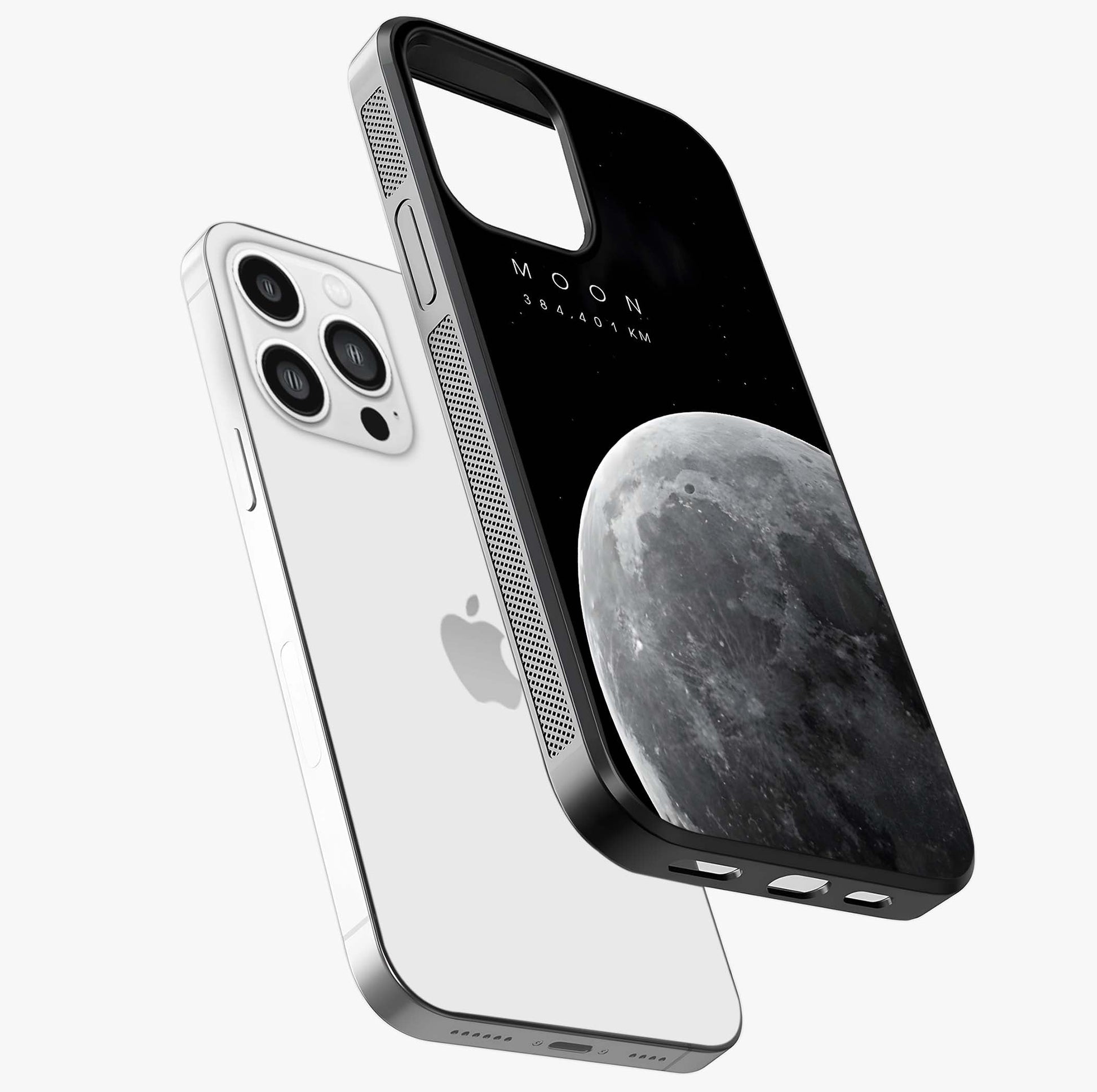 Cosmic Moon Glow Glass Case laid diagonally highlighting side profile, edges and glossy glass shine.