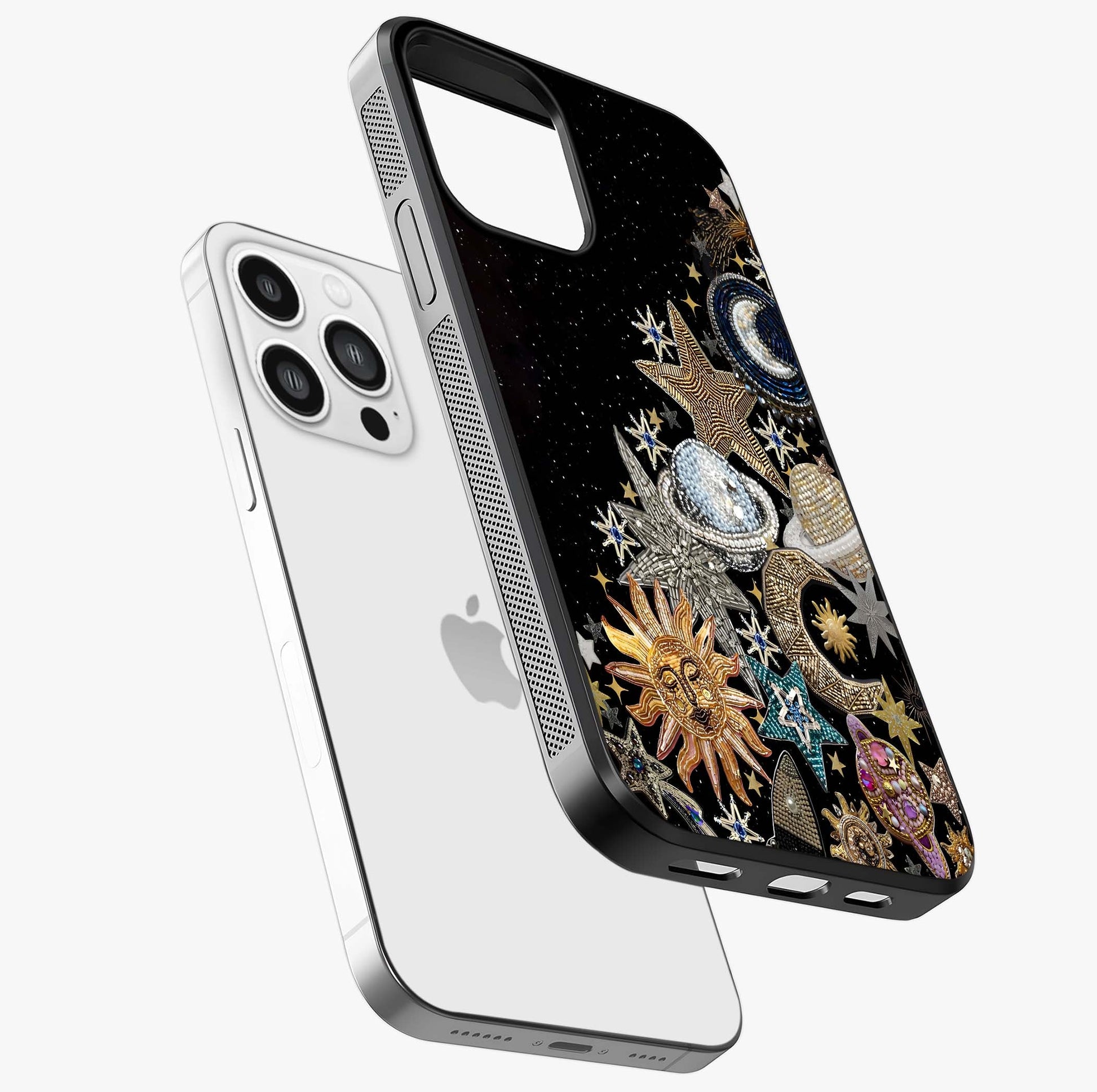 Cosmic Sparkle Dreams Glass Case laid diagonally highlighting side profile, edges and glossy glass shine.