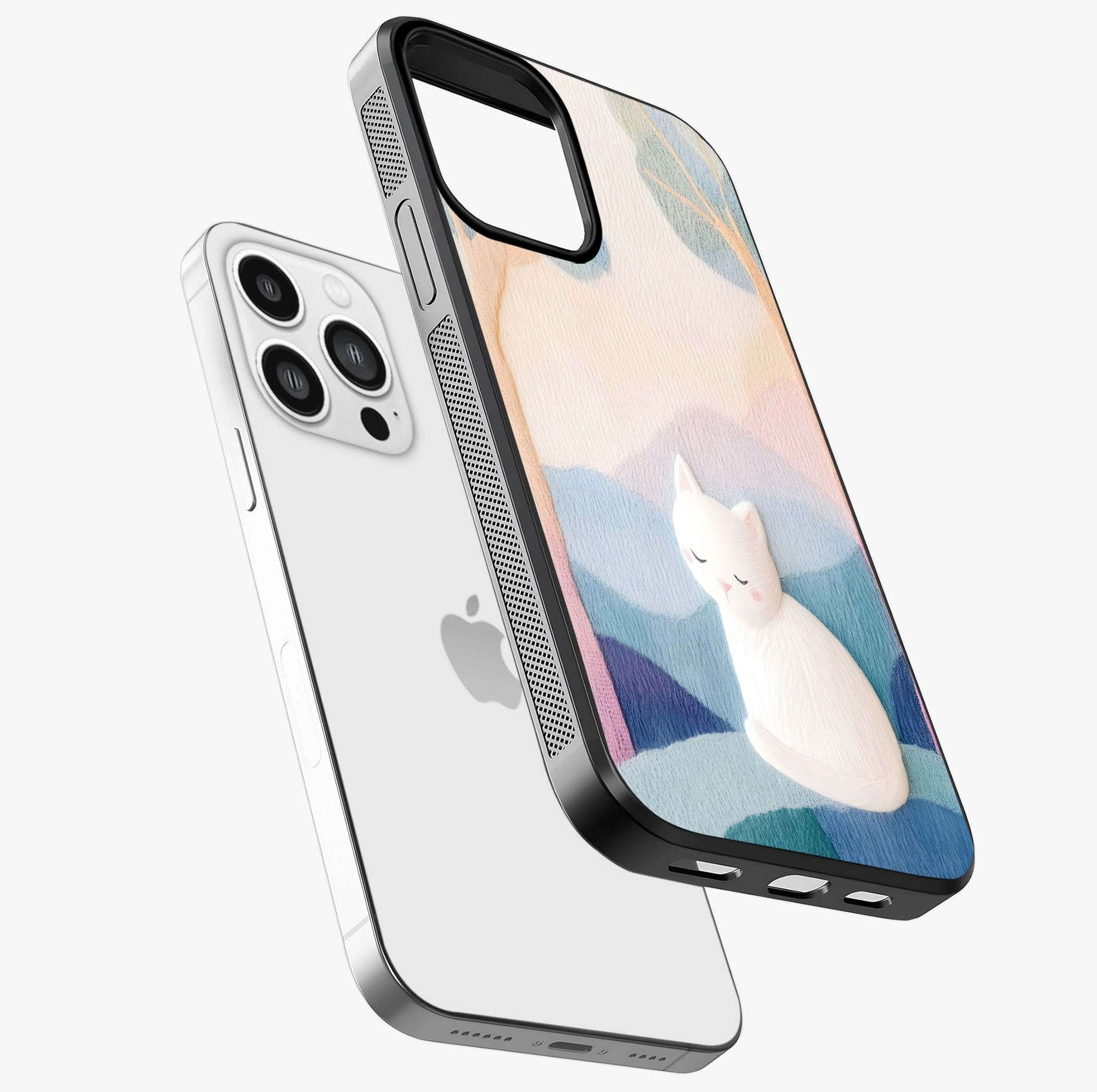 Cotton Dream Cat Glass Case laid diagonally highlighting side profile, edges and glossy glass shine.