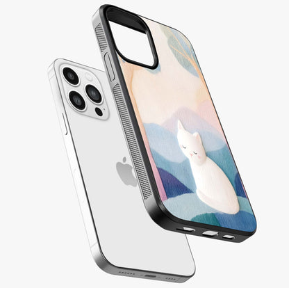 Cotton Dream Cat Glass Case laid diagonally highlighting side profile, edges and glossy glass shine.