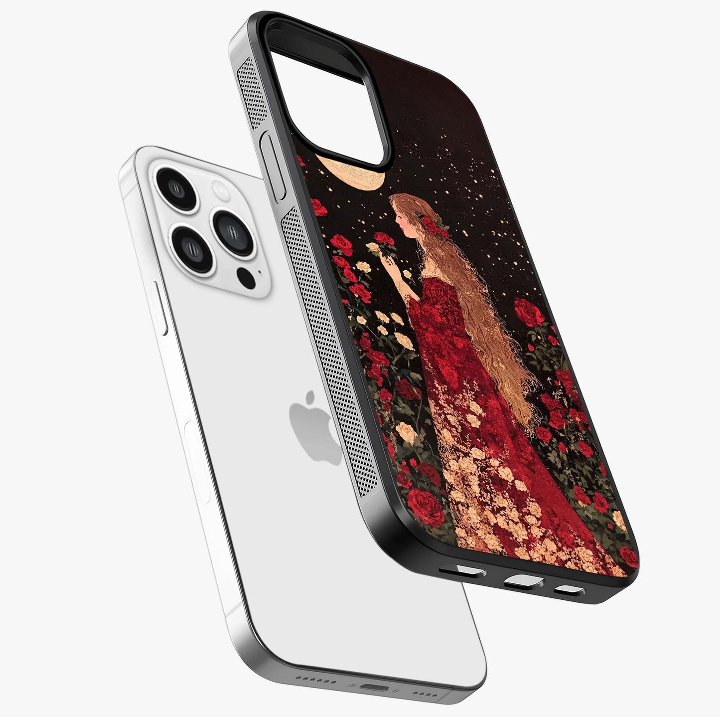 Crimson Dreams Glass Case laid diagonally highlighting side profile, edges and glossy glass shine.