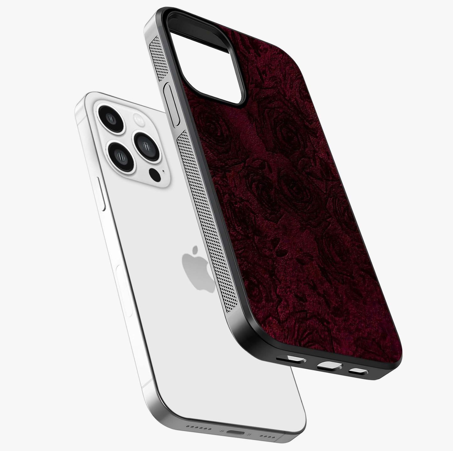 Crimson Fade Flow Glass Case laid diagonally highlighting side profile, edges and glossy glass shine.