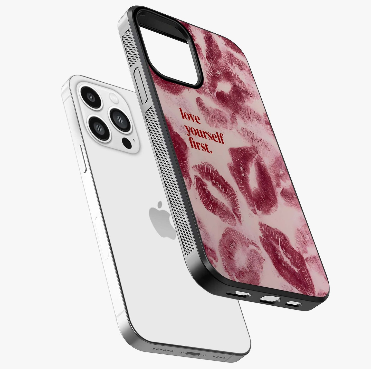 Crimson Kiss Love Glass Case laid diagonally highlighting side profile, edges and glossy glass shine.