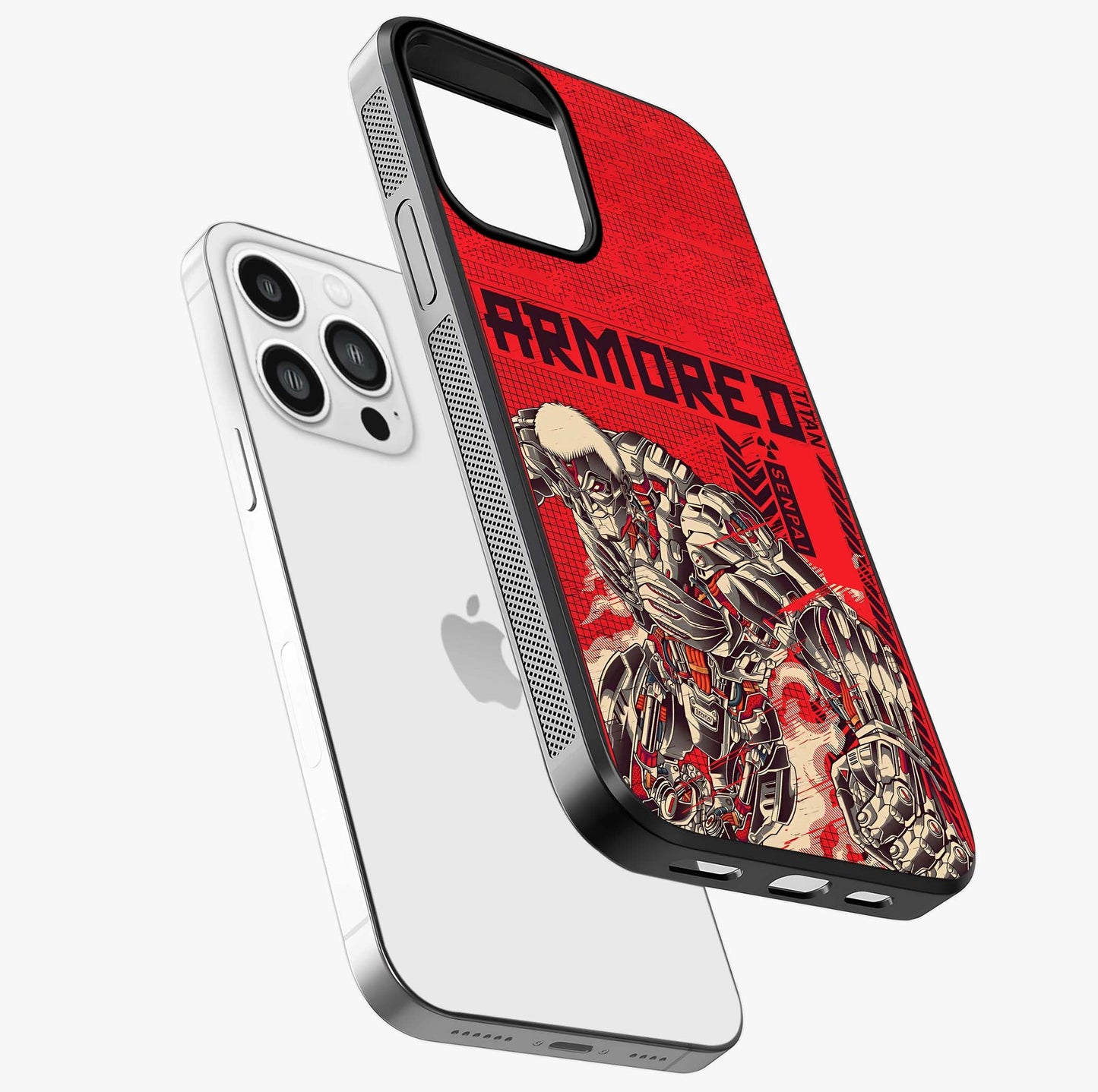 Crimson Mecha Titan Glass Case laid diagonally highlighting side profile, edges and glossy glass shine.