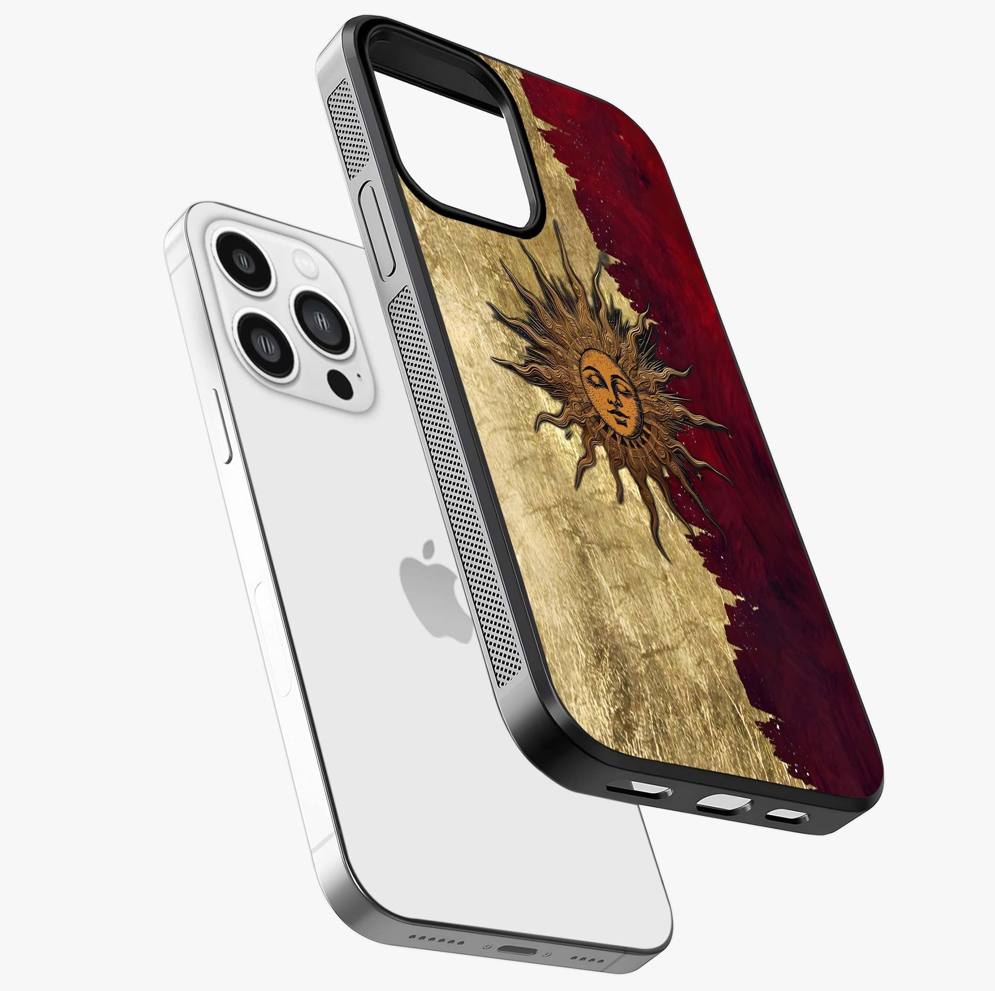 Crimson Sun Majesty Glass Case laid diagonally highlighting side profile, edges and glossy glass shine.