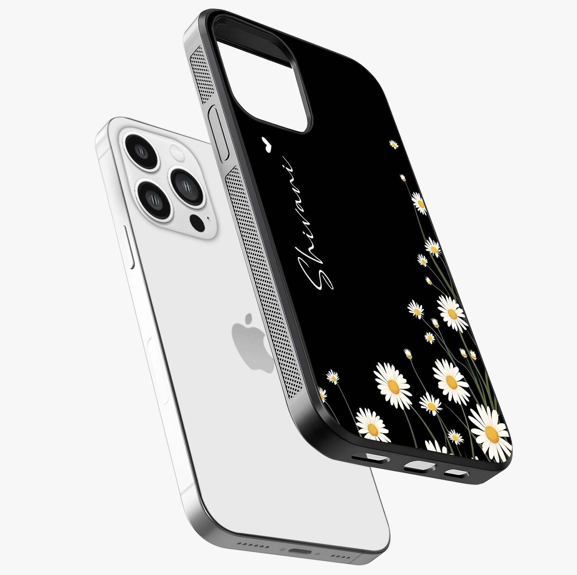 Daisy Cascade Custom Name Glass Case laid diagonally highlighting side profile, edges and glossy glass shine.
