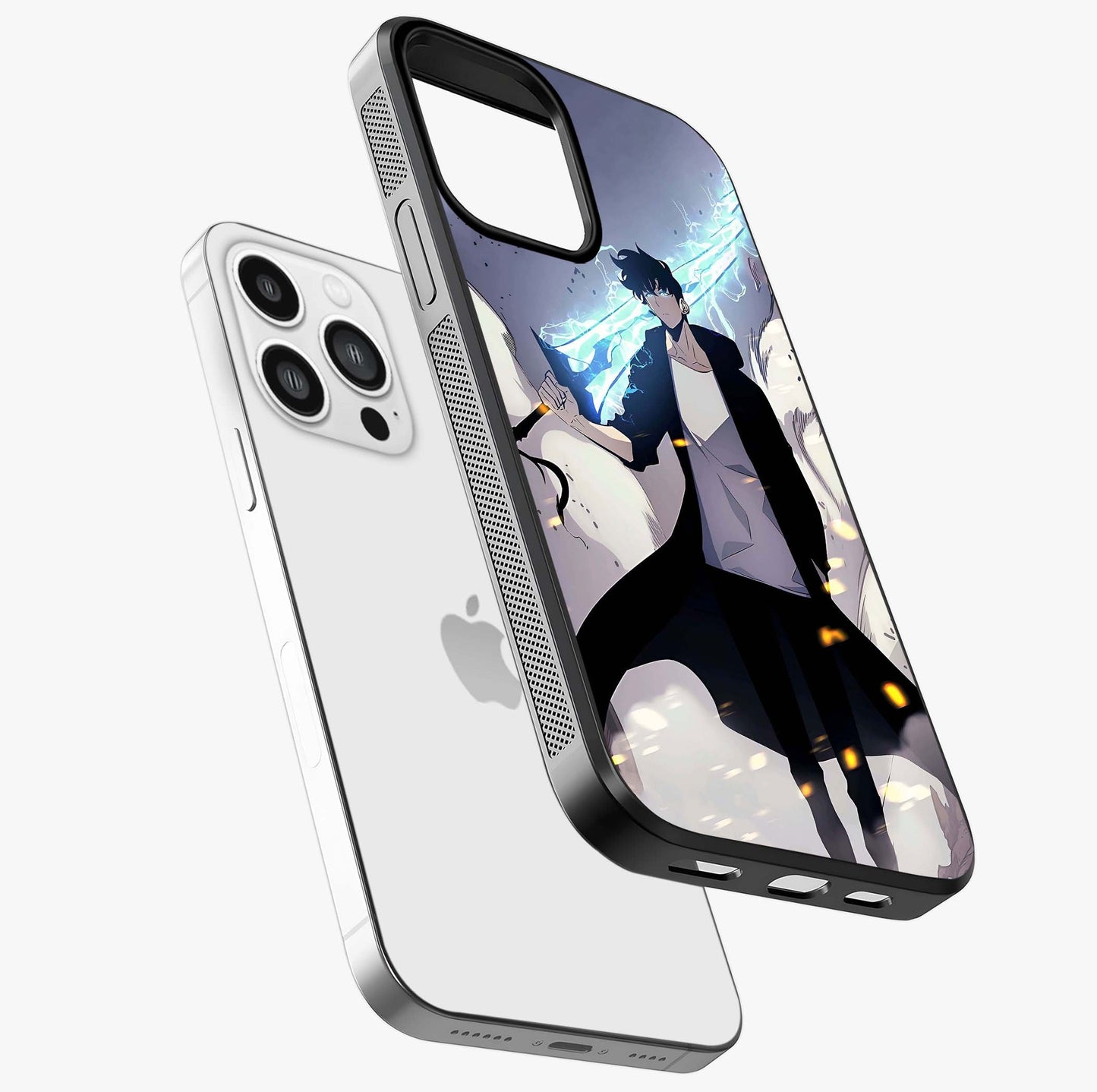 Dark Lightning Anime Warrior Glass Case laid diagonally highlighting side profile, edges and glossy glass shine.