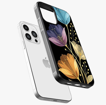 Delicate Multicolor Flowers Glass Case laid diagonally highlighting side profile, edges and glossy glass shine.