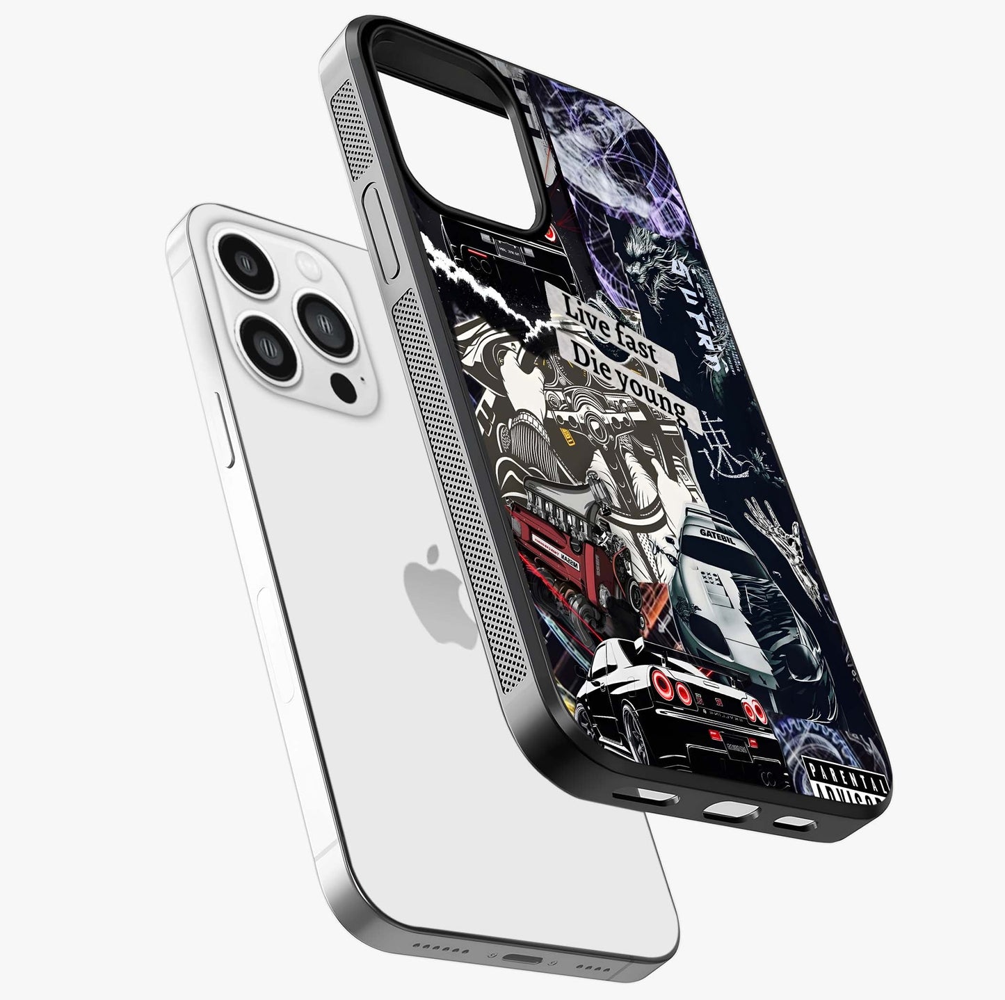 Die Young Glass Case laid diagonally highlighting side profile, edges and glossy glass shine.