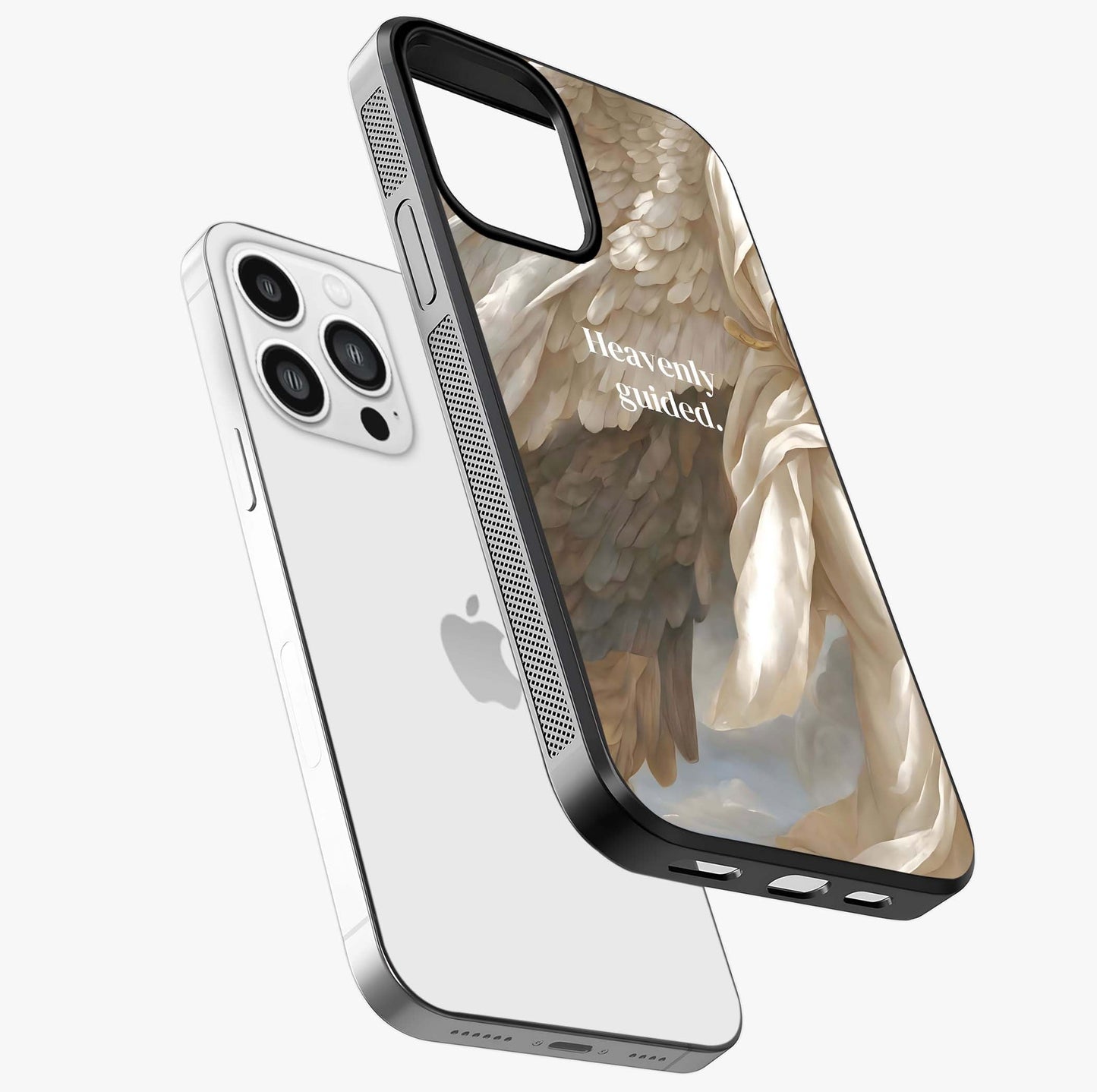 Divine Winged Grace Glass Case laid diagonally highlighting side profile, edges and glossy glass shine.