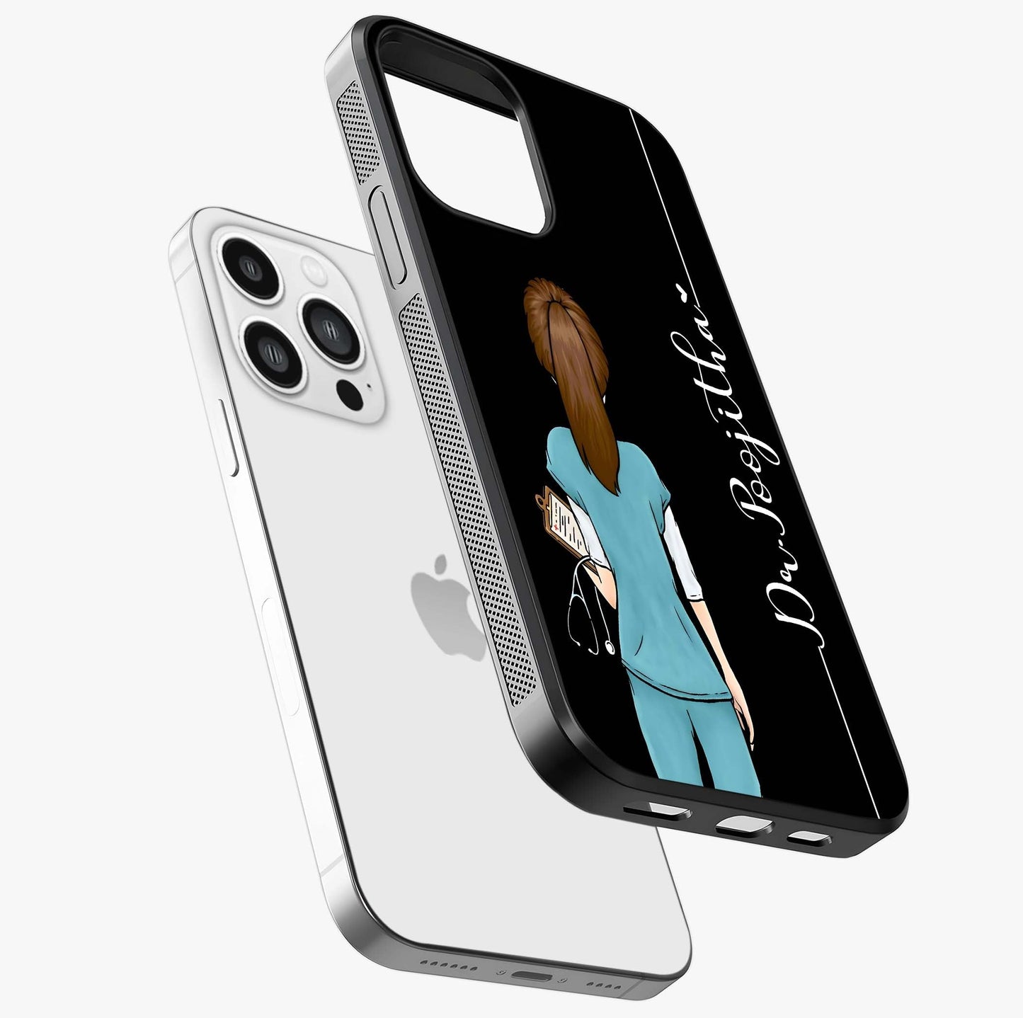 Doctor Pattern Custom Name Glass Case laid diagonally highlighting side profile, edges and glossy glass shine.