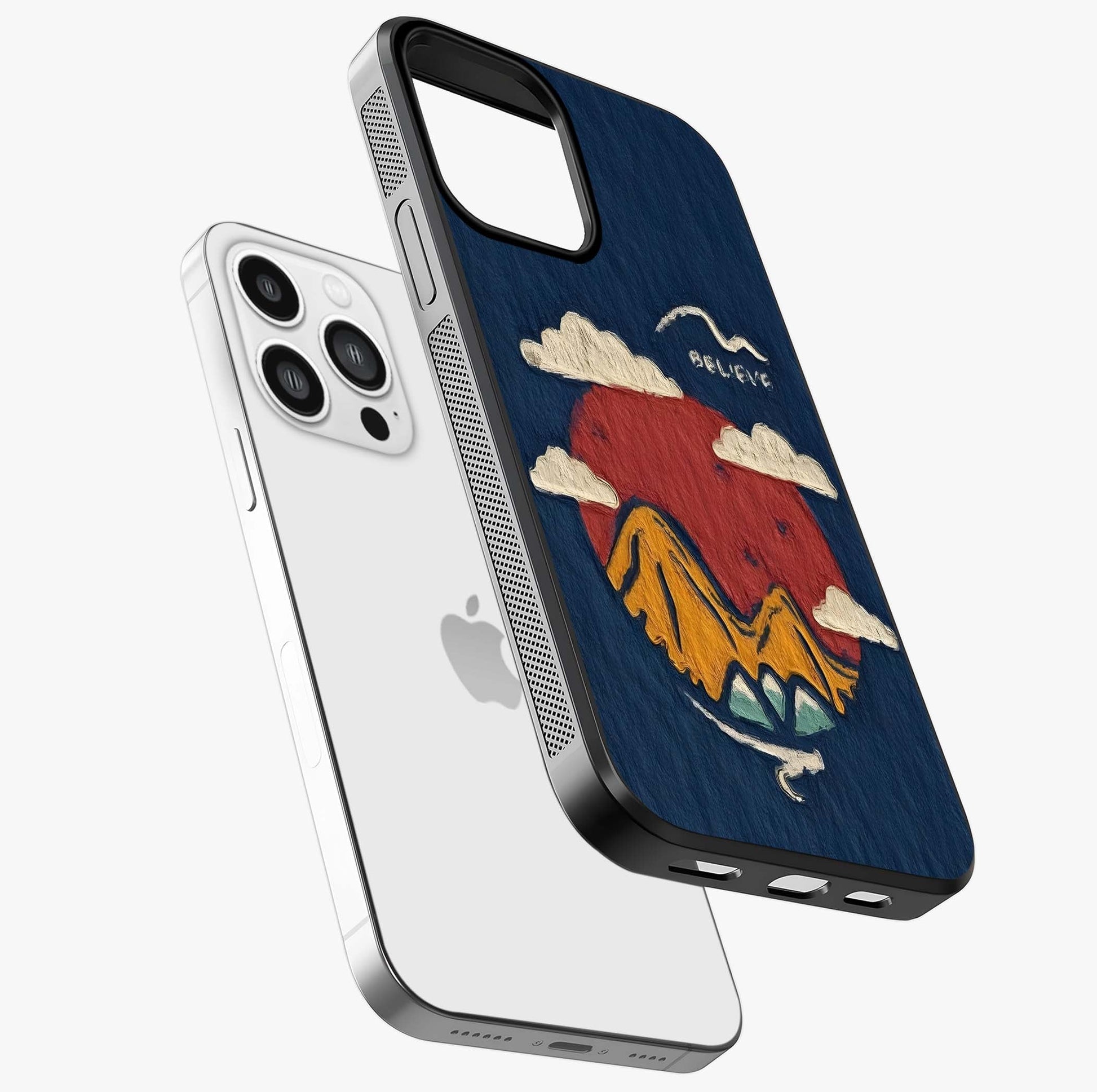 Dream Beyond Mountains Glass Case laid diagonally highlighting side profile, edges and glossy glass shine.