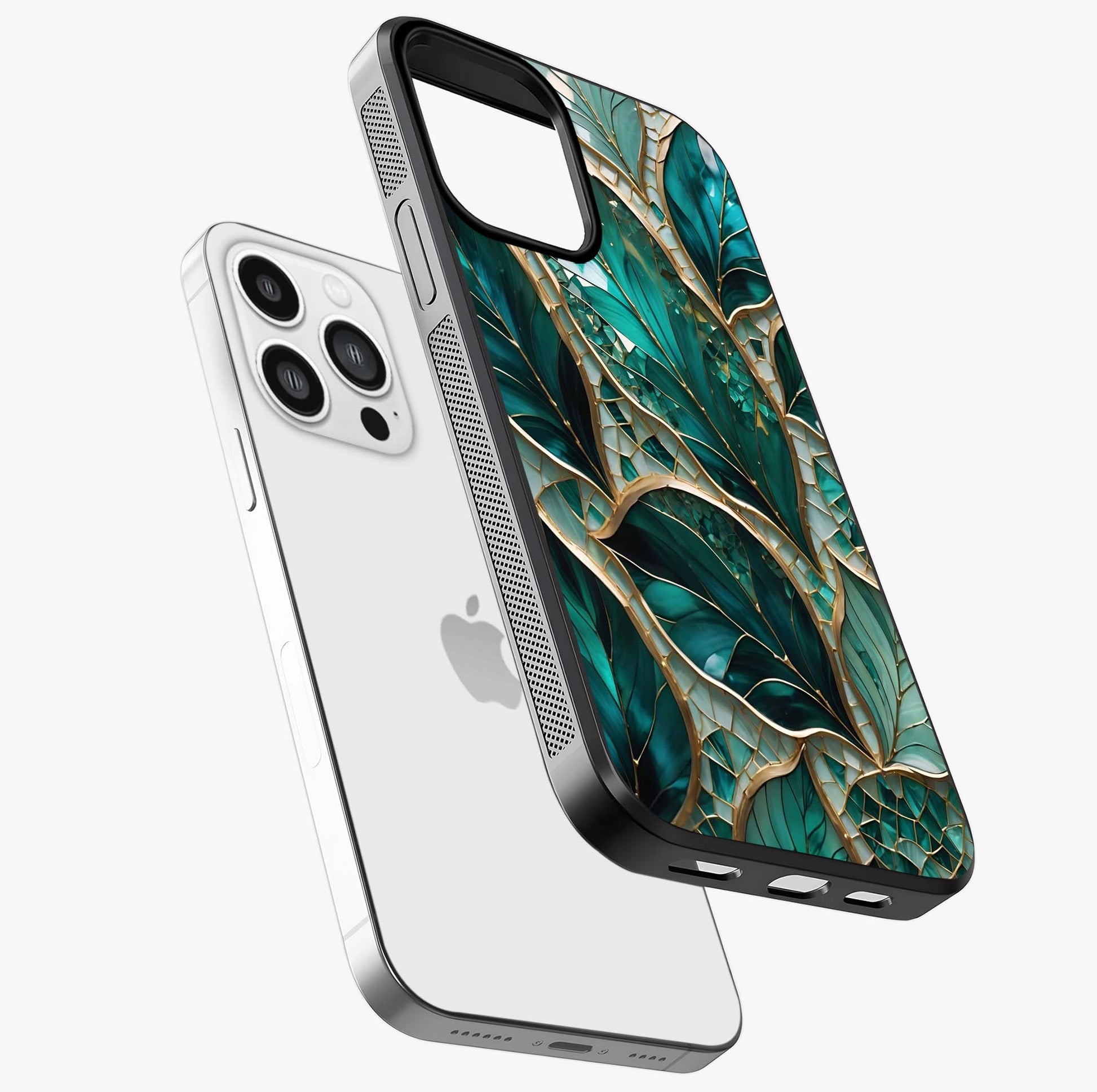Emerald Leaf Glass Glass Case laid diagonally highlighting side profile, edges and glossy glass shine.