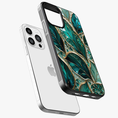 Emerald Leaf Glass Glass Case laid diagonally highlighting side profile, edges and glossy glass shine.