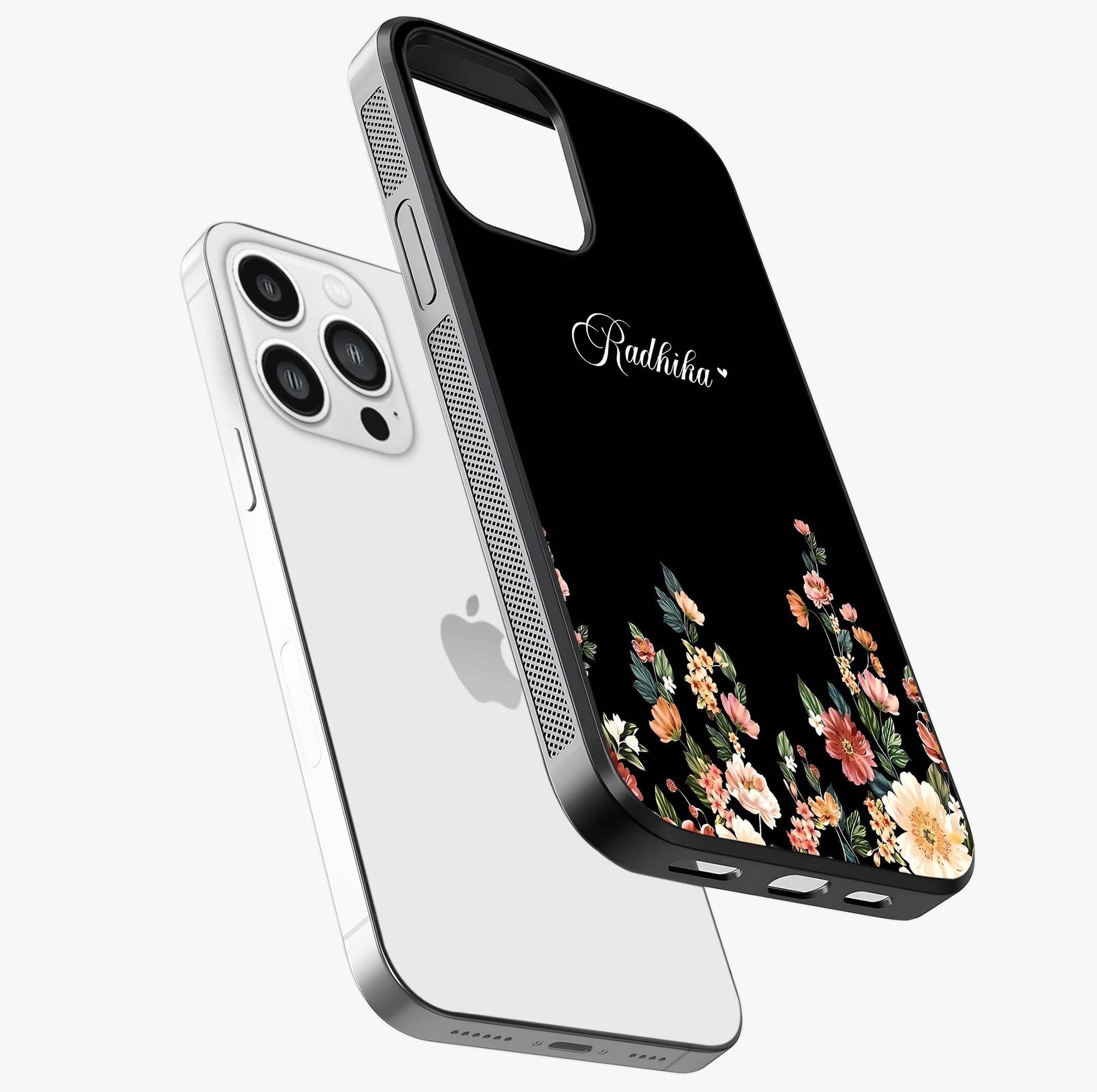 Floral Design With A Custom Personalized Name Glass Case laid diagonally highlighting side profile, edges and glossy glass shine.