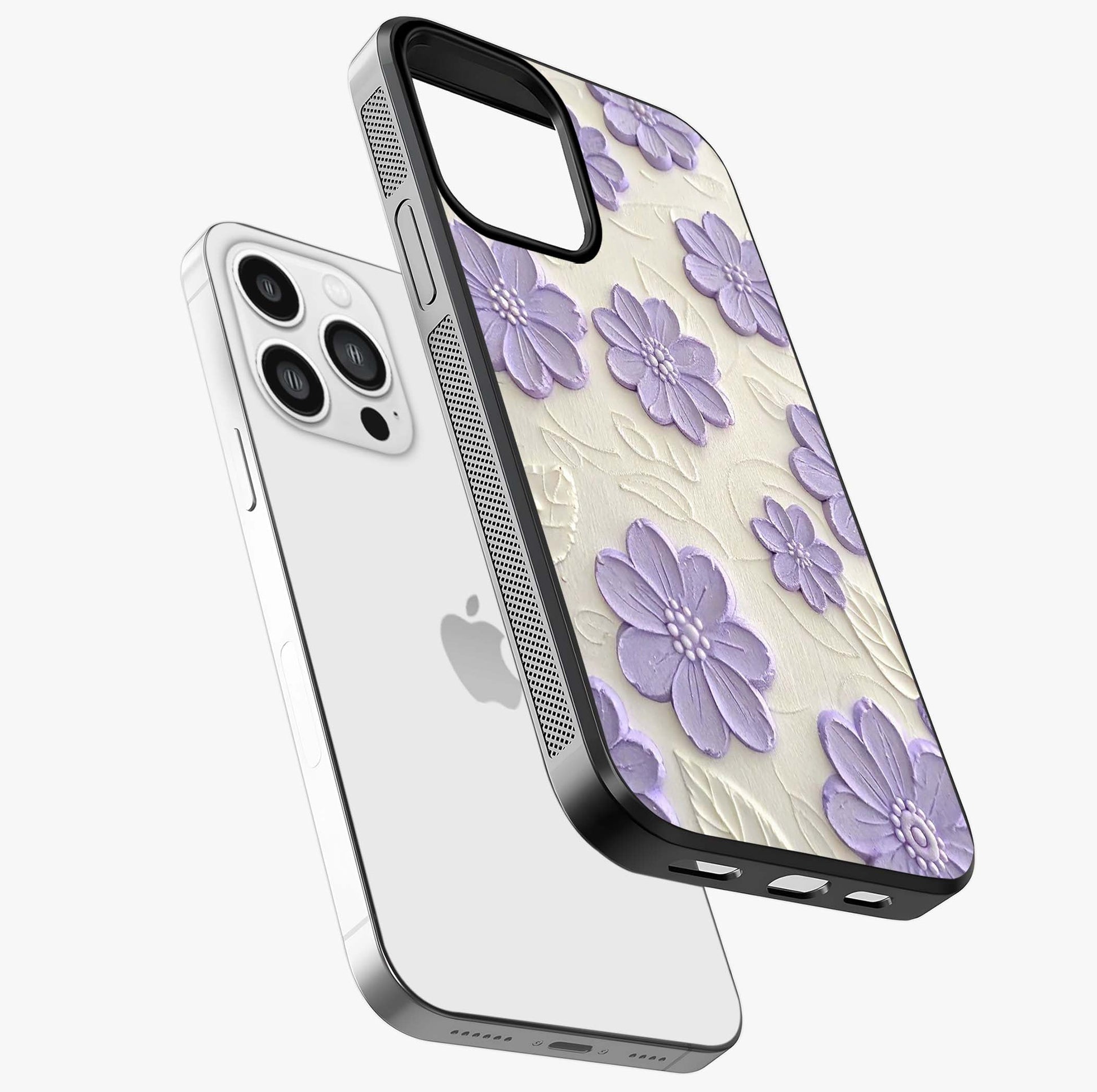 Floral Wall Art With Purple Flowers Glass Case laid diagonally highlighting side profile, edges and glossy glass shine.