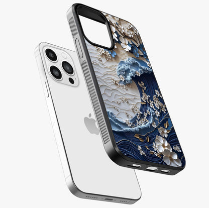 Floral Wave Origami Glass Case laid diagonally highlighting side profile, edges and glossy glass shine.