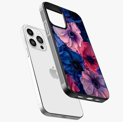 Flower Paper Art Pattern Glass Case laid diagonally highlighting side profile, edges and glossy glass shine.
