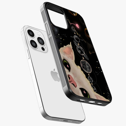 Galactic Cat Glass Case laid diagonally highlighting side profile, edges and glossy glass shine.