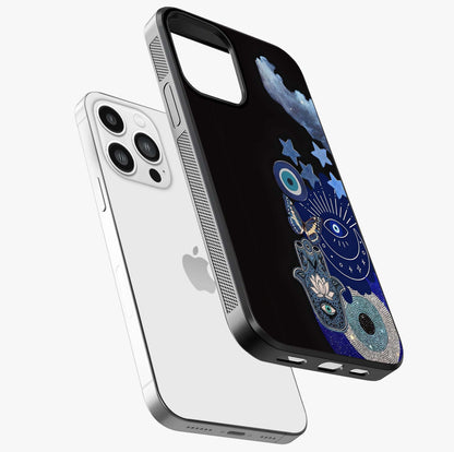 Galactic Charm Cluster Glass Case laid diagonally highlighting side profile, edges and glossy glass shine.