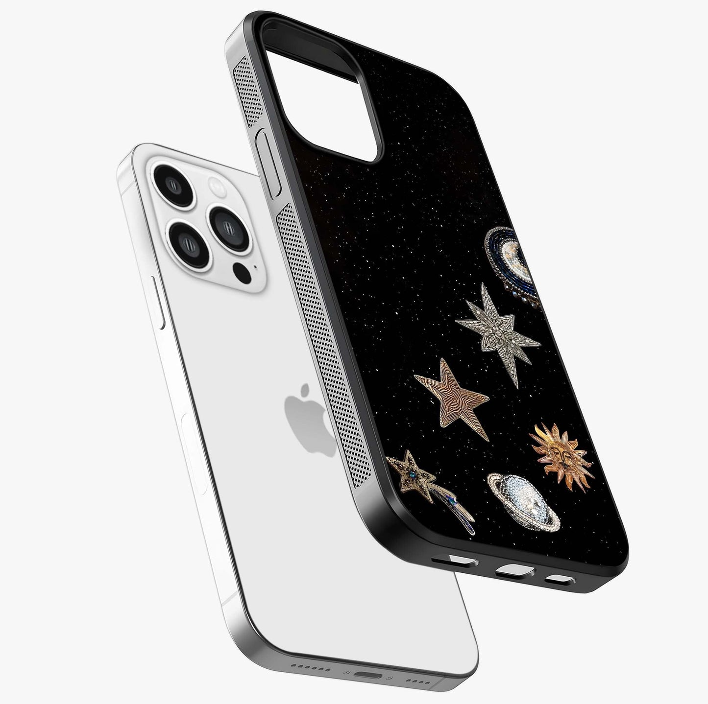 Galactic Charm Glow Glass Case laid diagonally highlighting side profile, edges and glossy glass shine.