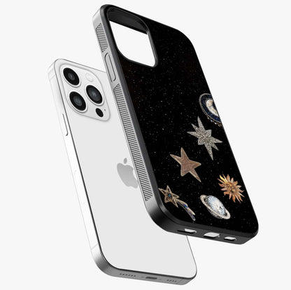 Galactic Charm Glow Glass Case laid diagonally highlighting side profile, edges and glossy glass shine.