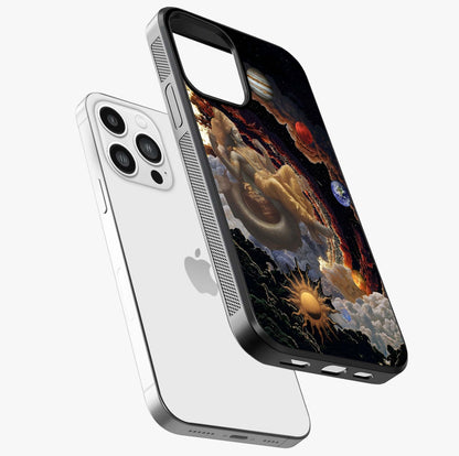 Galactic Divine God Glass Case laid diagonally highlighting side profile, edges and glossy glass shine.