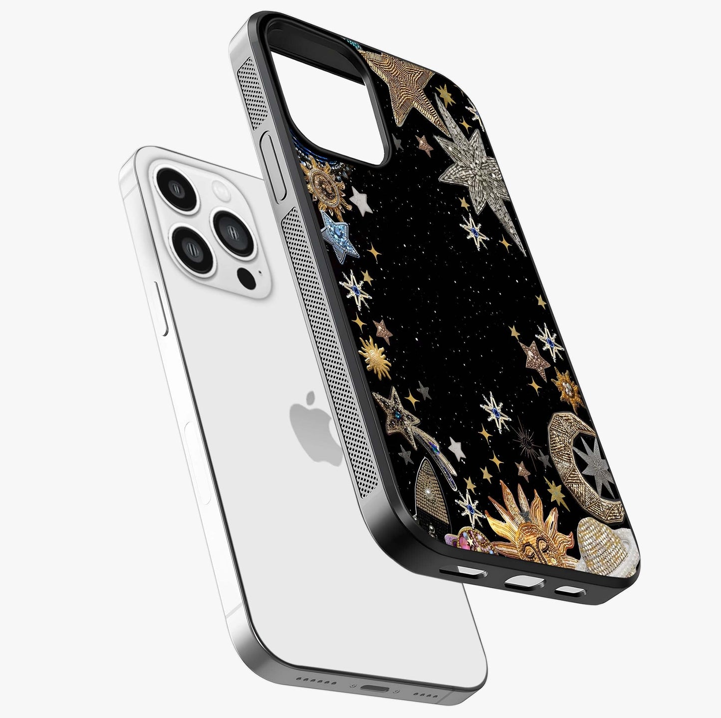 Galactic Jewel Stars Glass Case laid diagonally highlighting side profile, edges and glossy glass shine.