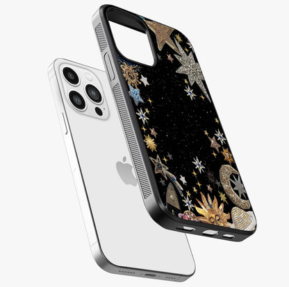 Galactic Jewel Stars Glass Case laid diagonally highlighting side profile, edges and glossy glass shine.