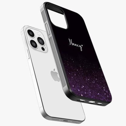 Glittery Purple Bokeh Custom Name Glass Case laid diagonally highlighting side profile, edges and glossy glass shine.