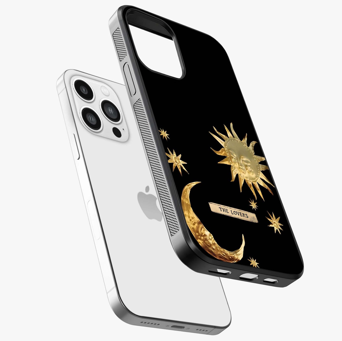 Golden Celestial Charm Glass Case laid diagonally highlighting side profile, edges and glossy glass shine.