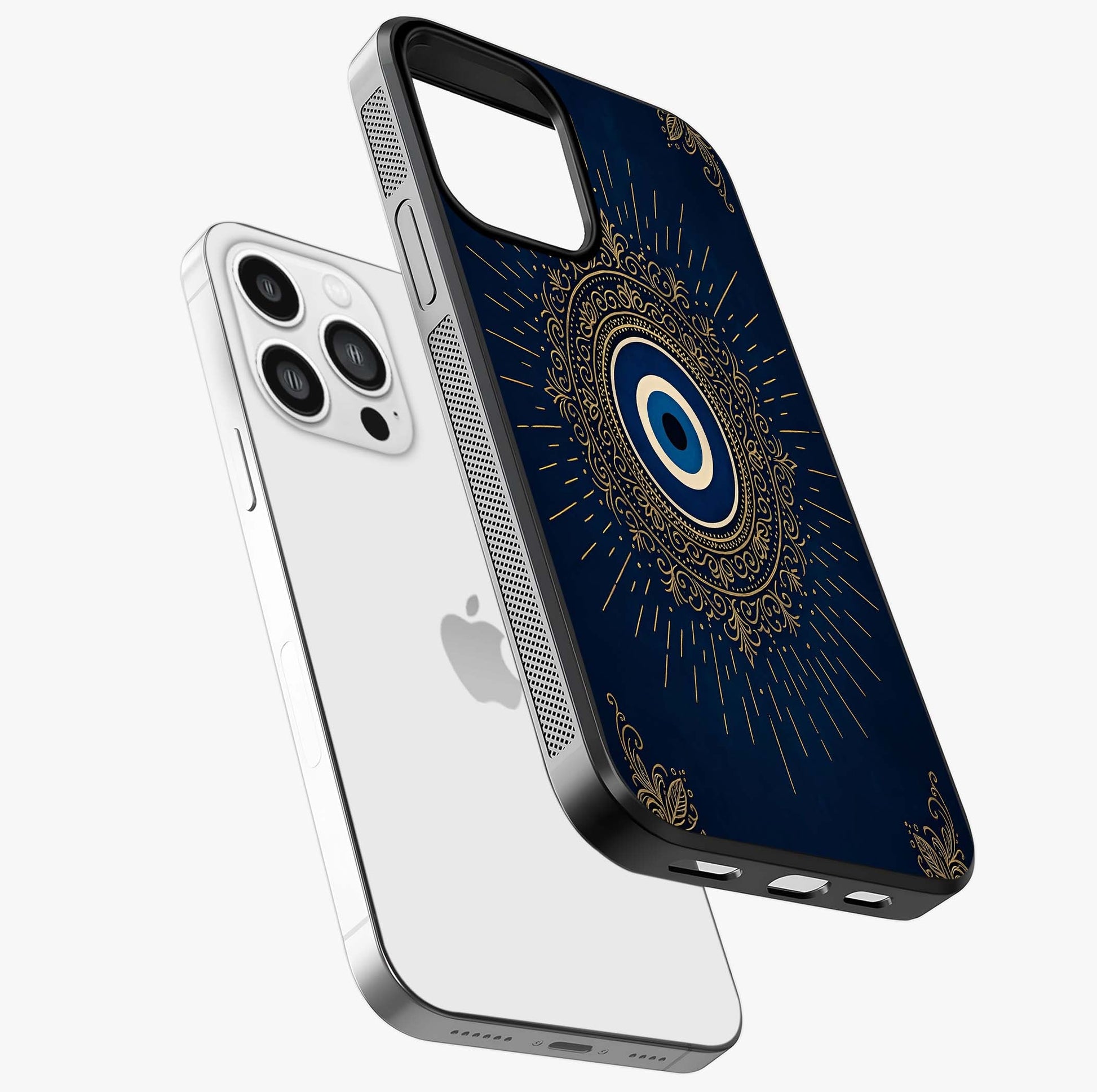 Golden Evil Eye Mandala Glass Case laid diagonally highlighting side profile, edges and glossy glass shine.