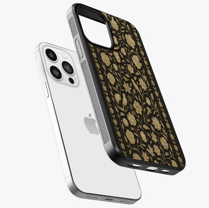 Golden Floral Majesty Glass Case laid diagonally highlighting side profile, edges and glossy glass shine.
